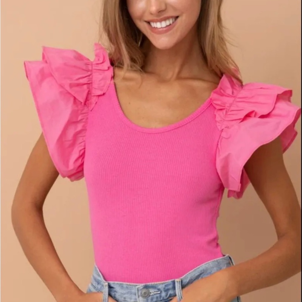 Pink Ruffled Scoop Neck Bodysuit